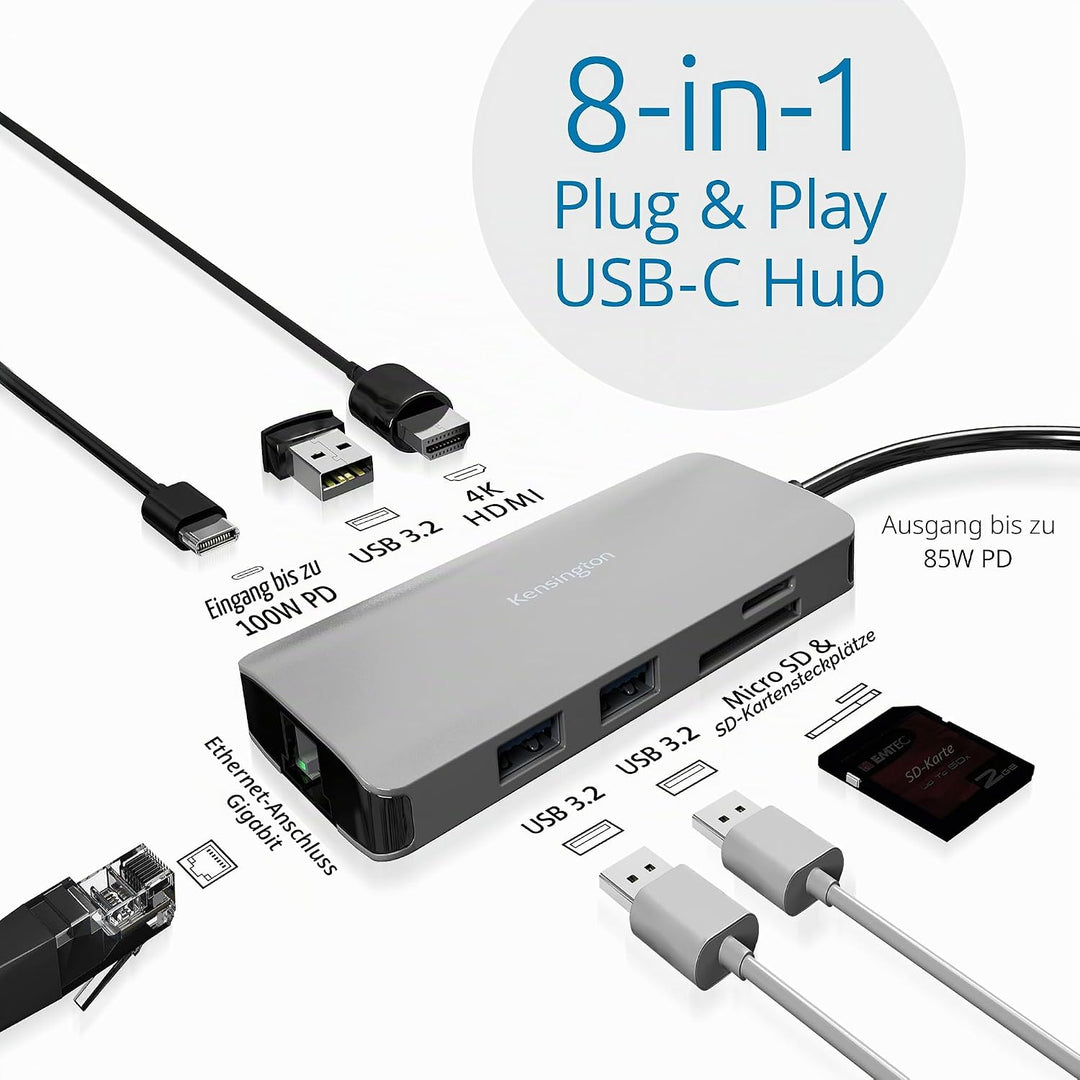 Kensington UH1400P USB-C 8-in-1 treiberloser Hub, mobiler Universal-Adapter, 8 Ports, bis zu 85W Lad