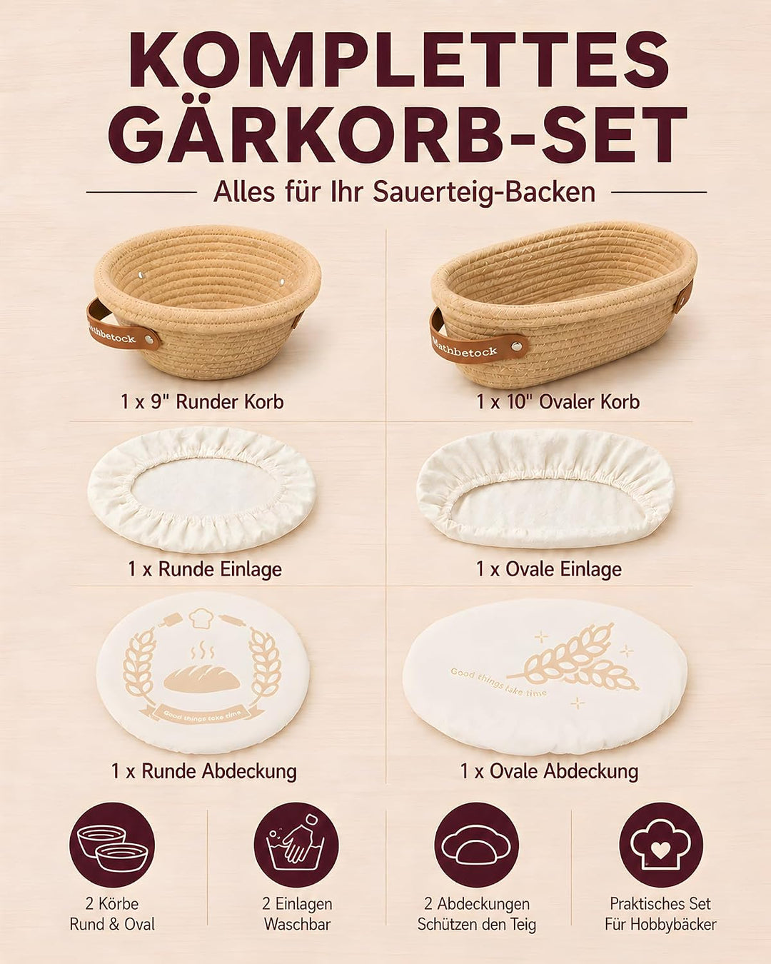Banneton Gärkörbchen Set Sauerteig, Brot Gärkorb Set aus Baumwollseil mit 23 cm rundem Gärkörbchen u