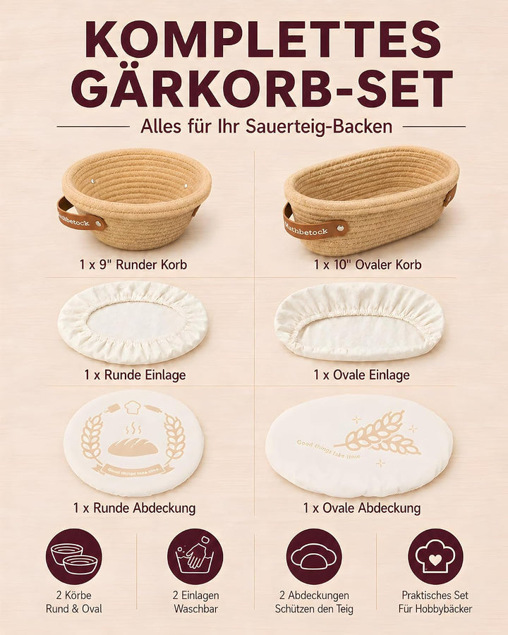 Banneton Gärkörbchen Set Sauerteig, Brot Gärkorb Set aus Baumwollseil mit 23 cm rundem Gärkörbchen u