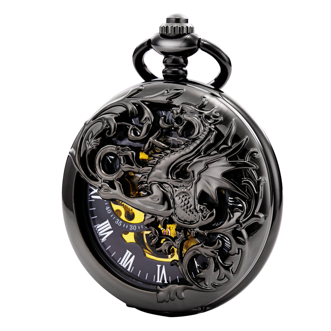 TREEWETO Unisex Taschenuhr mit Kette Analog Handaufzug Doppelscharnier Antik Drache Skelett Schwarz