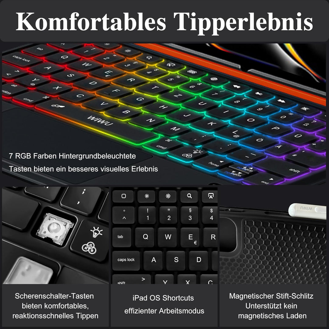 WIWU iPad Pro 11 Hülle mit Tastatur 3 in 1 Magnetische Abnehmbare Tasche Tastatur Ständer Beleuchtet
