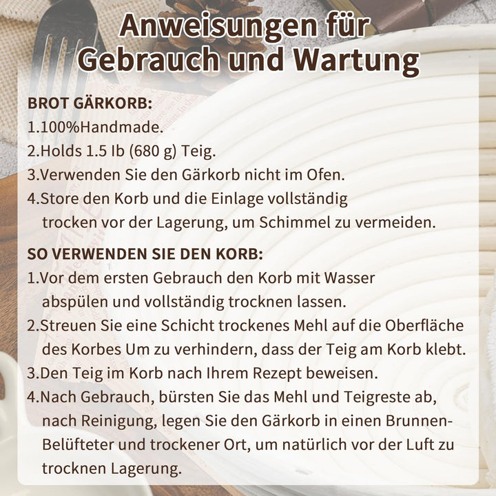 Brotbackset Kuchenkorb, Backkorb oval und rund, 25 cm und 23 cm, Auskleidung, dänischer Schneebesen,