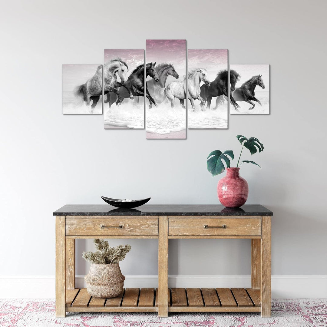 Runa Art Wandbilder Pferde 5 Teilig Bild auf Vlies Leinwand Deko Wohnzimmer Schlafzimmer Tiere Grau