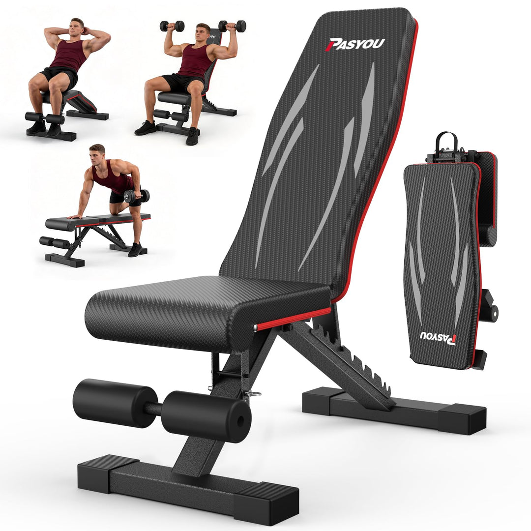 PASYOU Hantelbank Klappbar mit Rückenlehne 300kg Belastbarkeit, Verstellbar Multifunktions Trainings