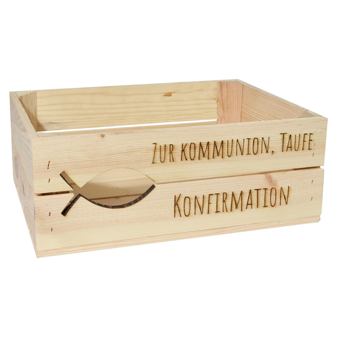 Holzkiste Personalisiert mit Wunschtext Fisch zur Taufe Kommunion Konfirmation - Gravierte Erinnerun