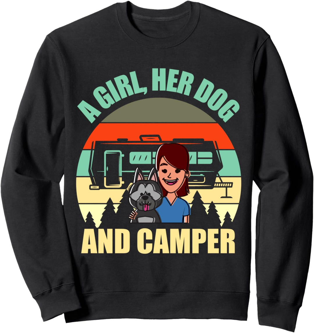 Camping ein Mädchen mit ihrem Hund und ihrem Camper lustig Sweatshirt