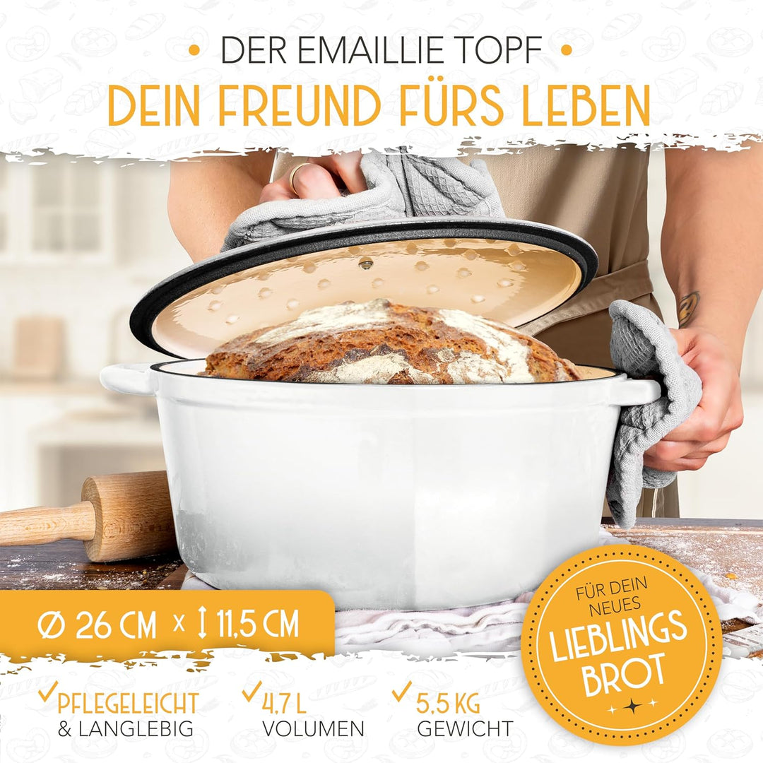 KRUSTENZAUBER Gusseisen Topf Brot backen emailliert inkl. Gärkorb - 26cm Emaille-Topf samt Zubehör -