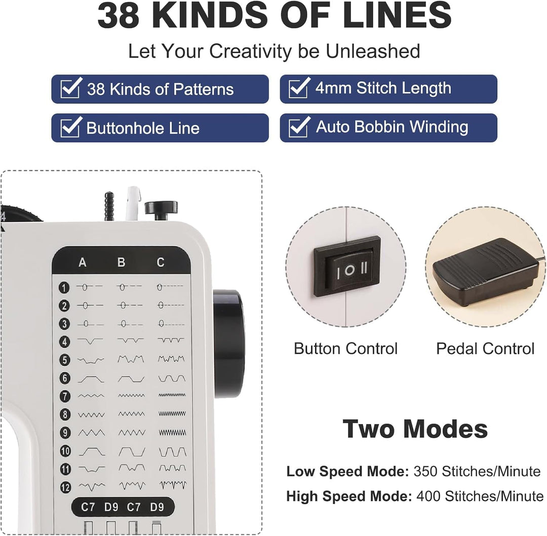 Mini Nähmaschine piqueuse Hochleistungs mit 38 integrierten Stichen, Nähmaschine mit ausziehbarem Ar