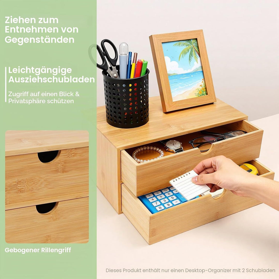 Schubladenbox, Schreibtisch Organizer 2 Schubladen Bambus, Naturbelassener Desktop Organizer 33x19x1