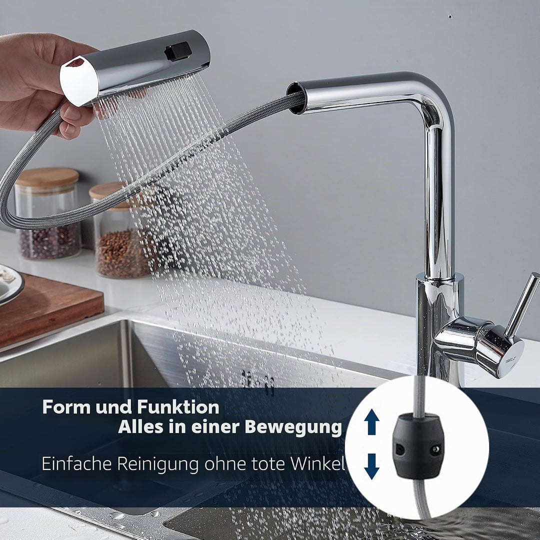 BELZ Wasserhahn Küche mit Herausziehbarer Brause, 3 Strahlarten, 360° Schwenkbarer Spültischarmatur,