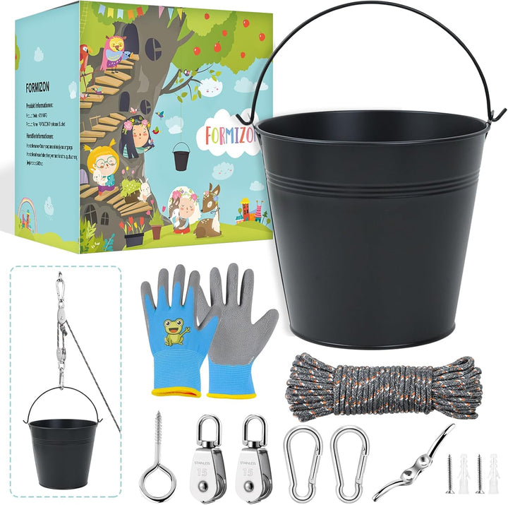 FORMIZON Flaschenzug Kinder, Flaschenzug mit Metalleimer, Zubehör fürs Baumhaus Spielturm, Kinder-Ri