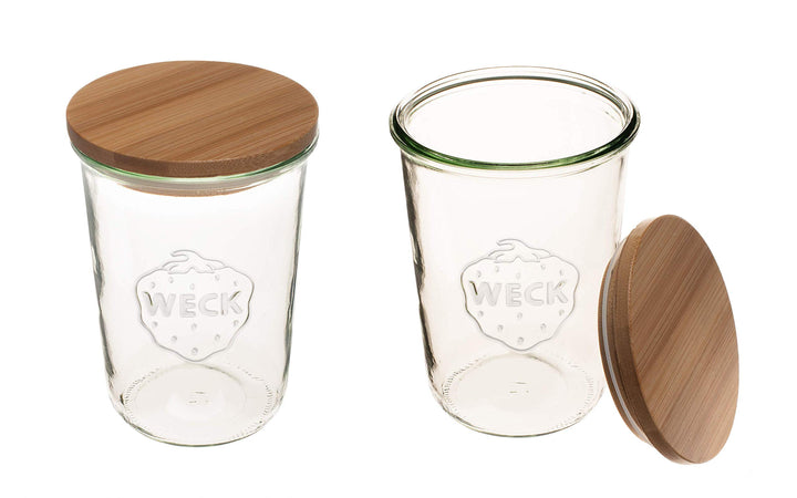 2er Set Weckgläser 3/4 L klar mit luftdichtem Deckel und Deckel 743, 2 Gläser mit Holzdeckel