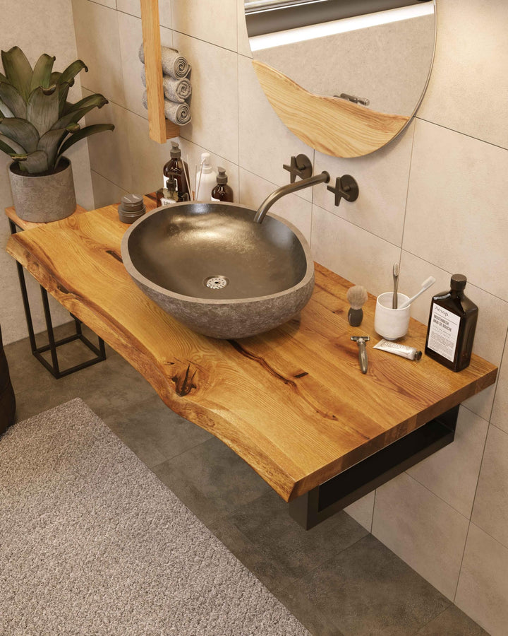 BestLoft Waschtischplatte (Länge: 120 cm/Breite: 45-50 cm) Waschtisch Eiche massiv 40 mm dick mit Ba