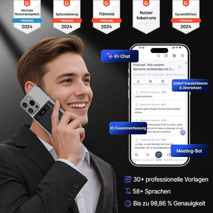 KI-Sprachrecorder, Notta Memo Digitales Diktiergerät mit Etui, KI-Transkription & Zusammenfassung in