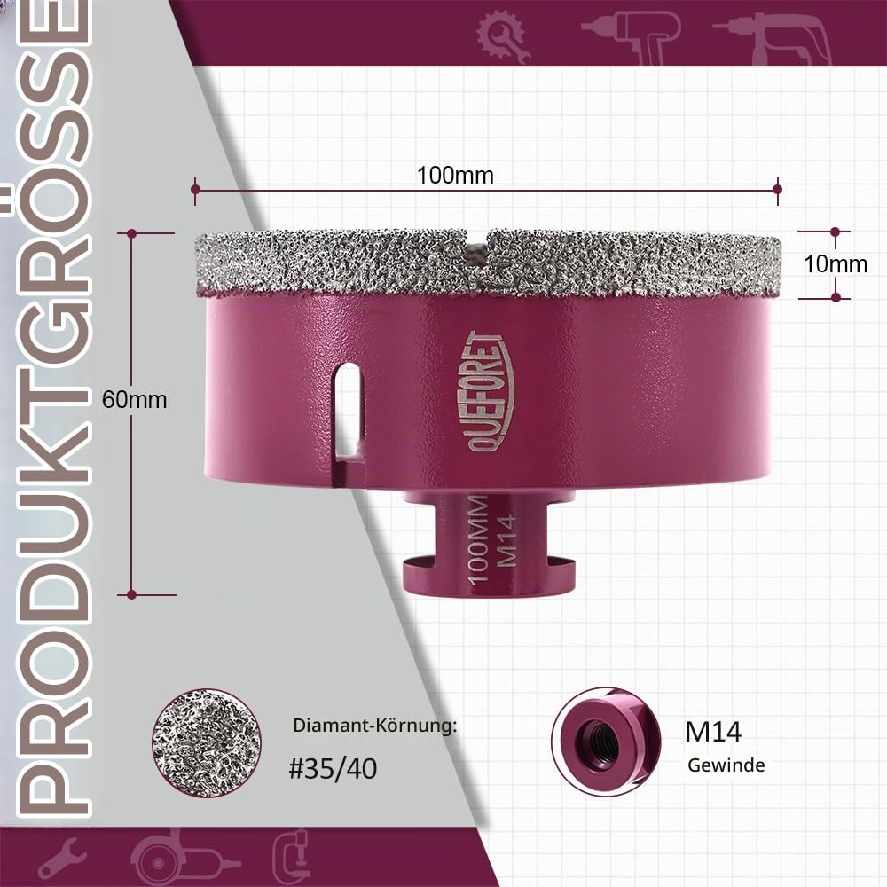 Diamant Fliesenbohrer 100mm x M14 - Bohrkrone für Fliesen Keramik Porzellan Marmor Granit, für Winke