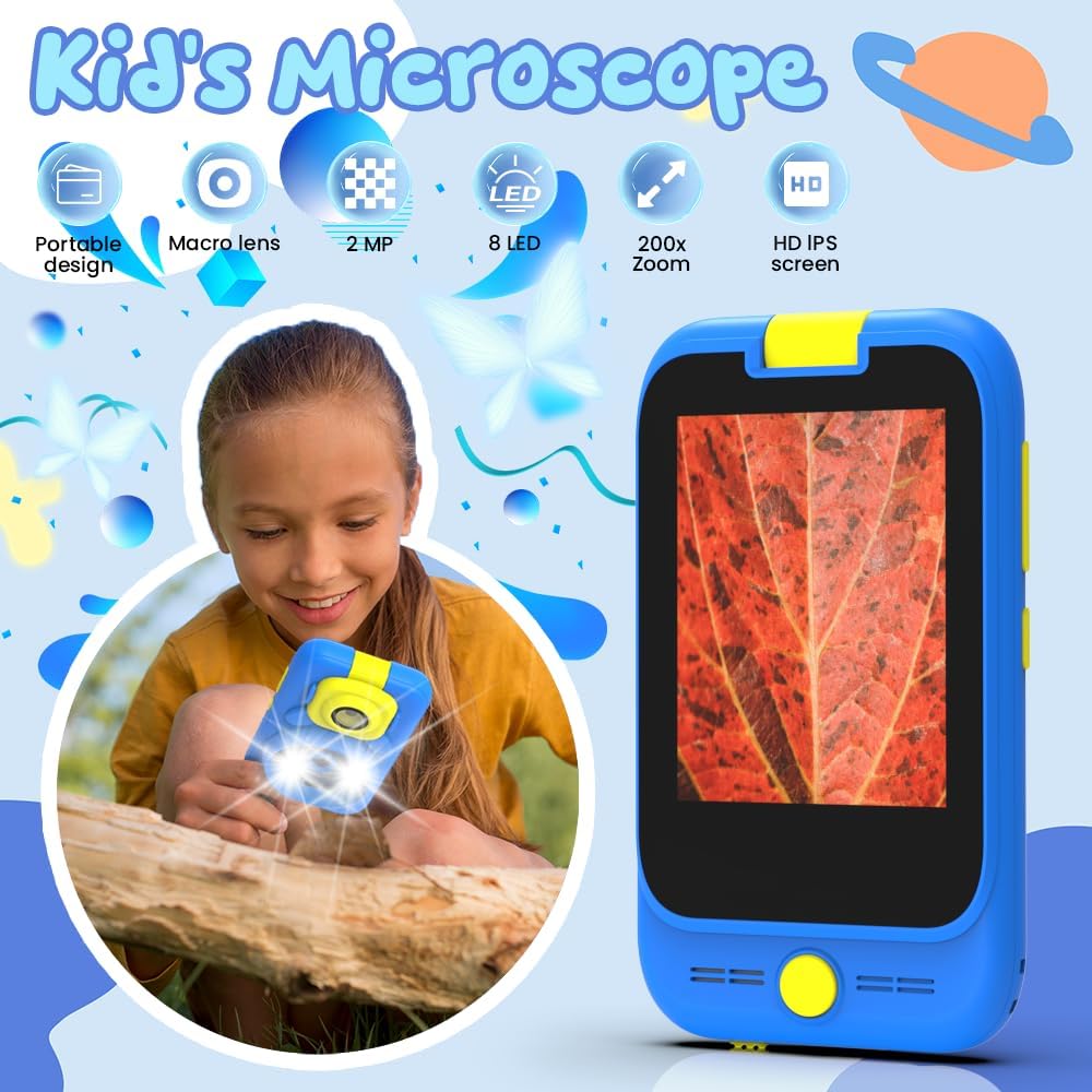 Kids 2-in-1 Camera &amp; Microscope Toy,200X Magnification Microscope,Flip Photo Lens for Kids Camera,2.