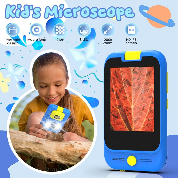 Kids 2-in-1 Camera &amp; Microscope Toy,200X Magnification Microscope,Flip Photo Lens for Kids Camera,2.