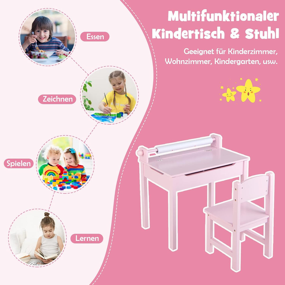 DREAMADE Schreibtisch Kinder mit Stuhl, Schülerschreibtisch aus Holz, Jugendschreibtisch, Kindertisc