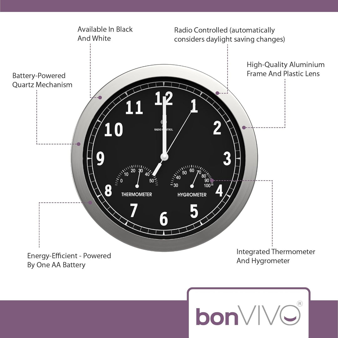 bonVIVO Funk Wanduhr ohne Tickgeräusche Grosse Küchenuhr Funkuhr für Wand in Bad Büro Home Office Wo
