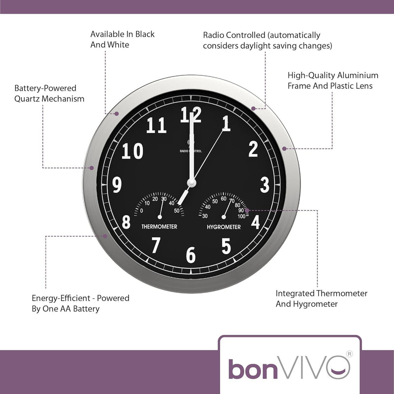 bonVIVO Funk Wanduhr ohne Tickgeräusche Grosse Küchenuhr Funkuhr für Wand in Bad Büro Home Office Wo