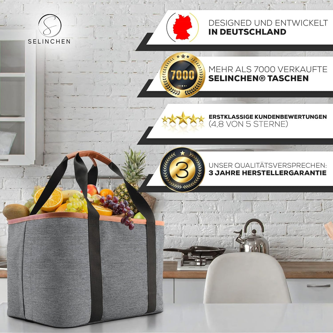 Selinchen® - Premium Einkaufskorb | Hochwertige Einkaufstasche faltbar und mit PU-Ledergriff | Ideal