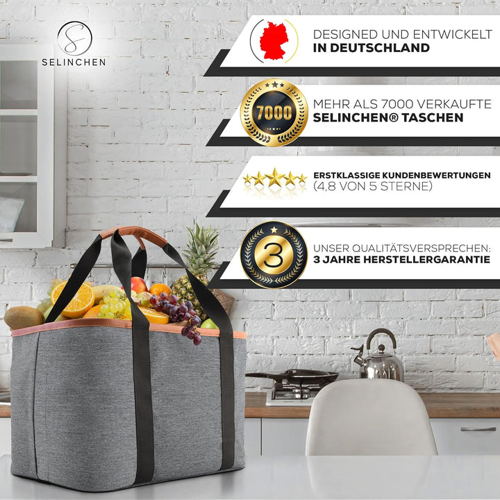 Selinchen® - Premium Einkaufskorb | Hochwertige Einkaufstasche faltbar und mit PU-Ledergriff | Ideal