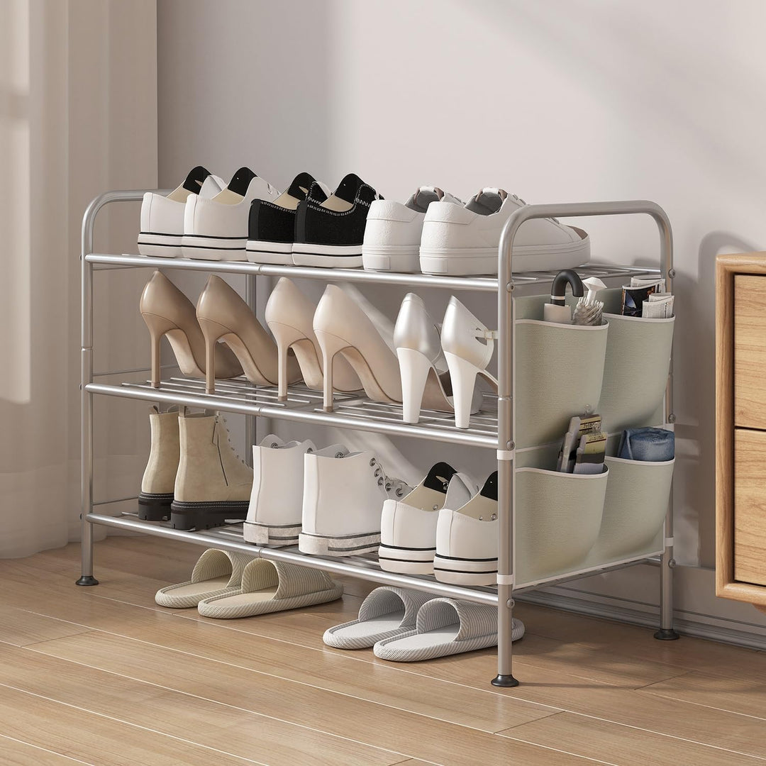 Schuhregal 3 Ebenen Schuhaufbewahrung Organizer Metall mit Seitentaschen für Flur, Schlafzimmer (Gra