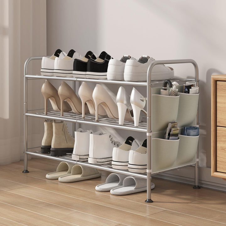 Schuhregal 3 Ebenen Schuhaufbewahrung Organizer Metall mit Seitentaschen für Flur, Schlafzimmer (Gra