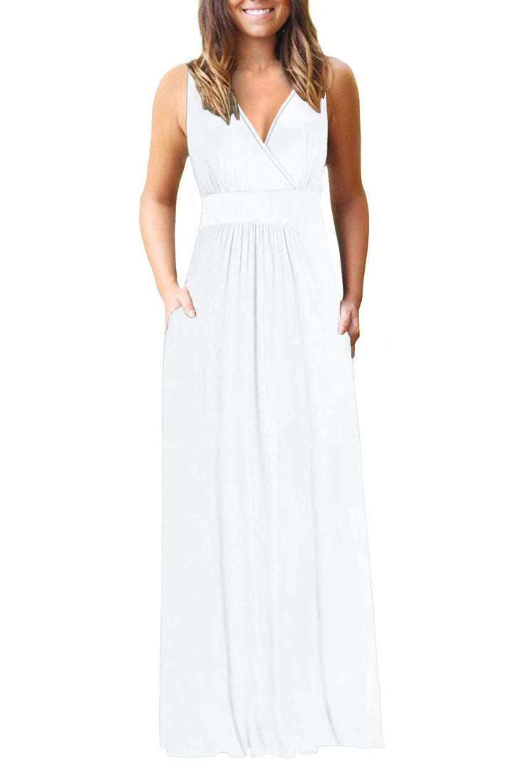 AUSELILY Maxikleid Damen Sommer ärmellos Kleid Lang Elegant tiefem V-Ausschnitt Abendkleid mit Tasch