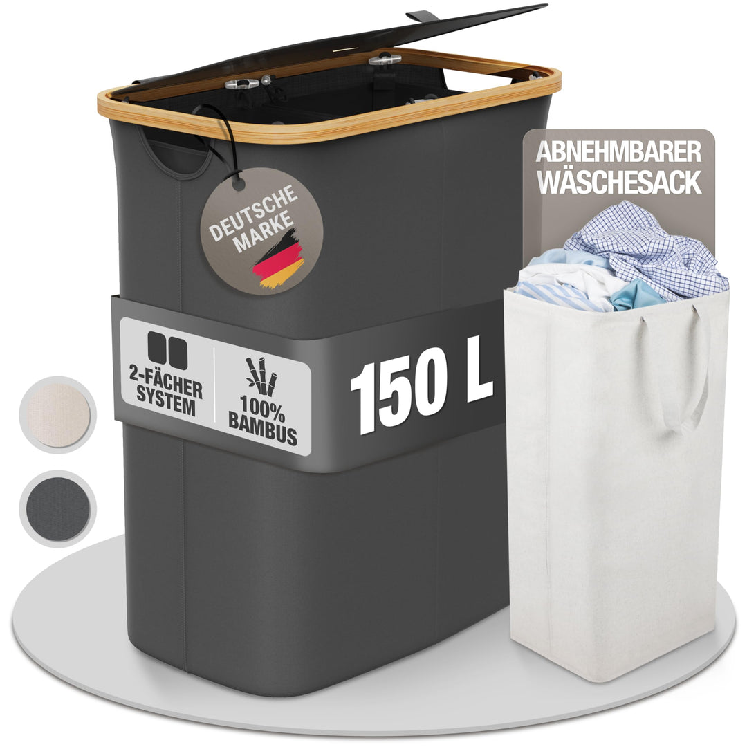 Wäschekorb mit 1 Deckel 2 Fächer 150 Liter Bambus-Stoff Grau Gross XXL - Wäschekorb Grau Dunkelgrau