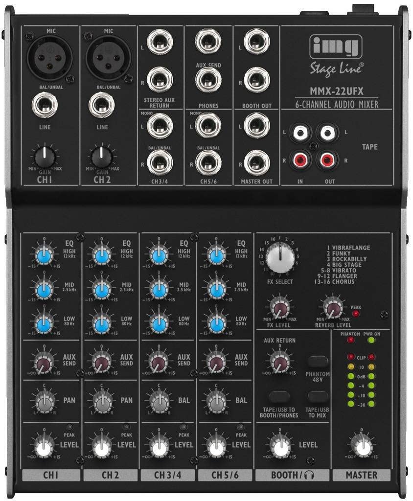 IMG Stageline MMX-22UFX 4-Kanal-Audio-Mischpult (6 Eingängen, DSP-Effekteinheit, USB-Schnittstelle),