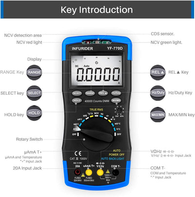 Digital Multimeter,INFURIDER YF-770D Auto Ranging 40000 Counts Spannungsprüfer Strommessgerät für DC