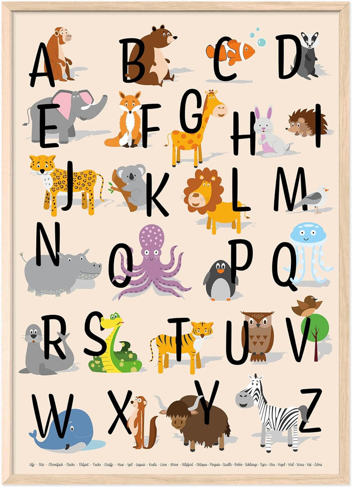 kizibi® ABC Poster DIN A2 mit Rahmen für Kinderzimmer, Alphabet Poster für Mädchen und Jungen, Buchs