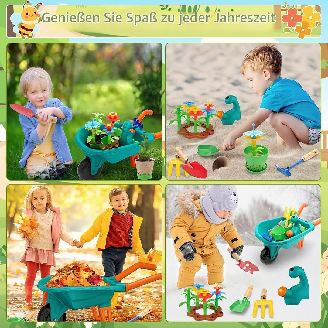 deAO Gartenset Kinder, Gartengeräte Spielzeug mit Schubkarre, Schaufel, Rechen, Blumentöpfe, Handsch