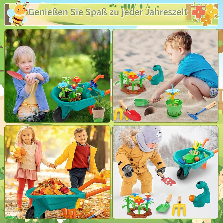 deAO Gartenset Kinder, Gartengeräte Spielzeug mit Schubkarre, Schaufel, Rechen, Blumentöpfe, Handsch