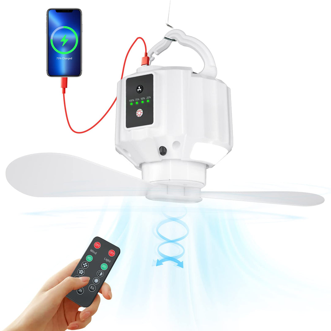 Wastou 5200 mAh Camping-Ventilator, Mini-USB-Ventilator mit LED-Licht & Haken, 3-Geschwindigkeits-De