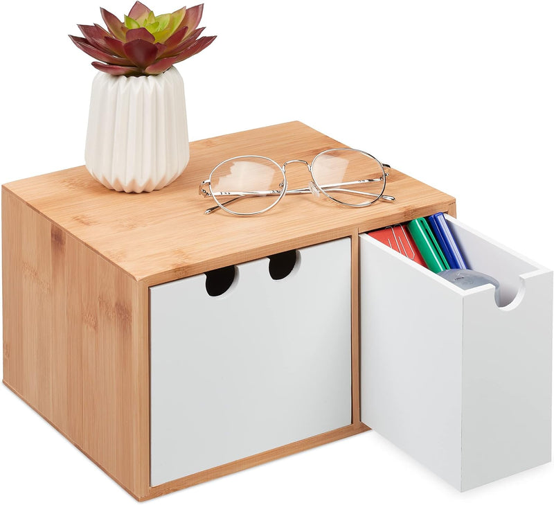 Relaxdays Schubladenbox, Bambus & MDF, Mini Kommode 2 Schubladen, HBT: 14,5x25x20 cm, Schreibtisch O