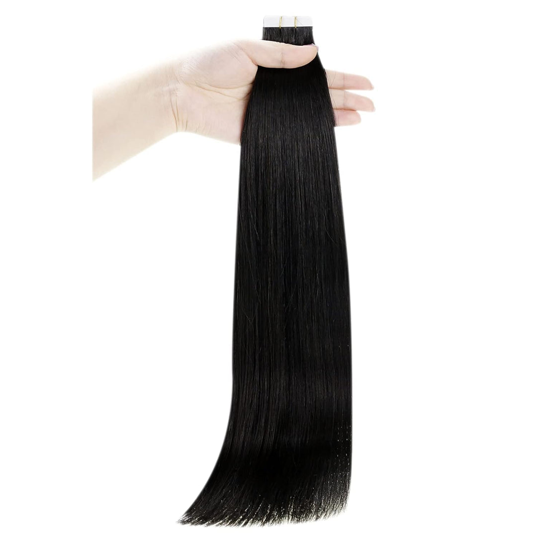 RUNATURE Unsichtbare Tape Extensions Echthaar Schwarz 50cm Haar Extensions Echthaar Tape Glatt Haarv