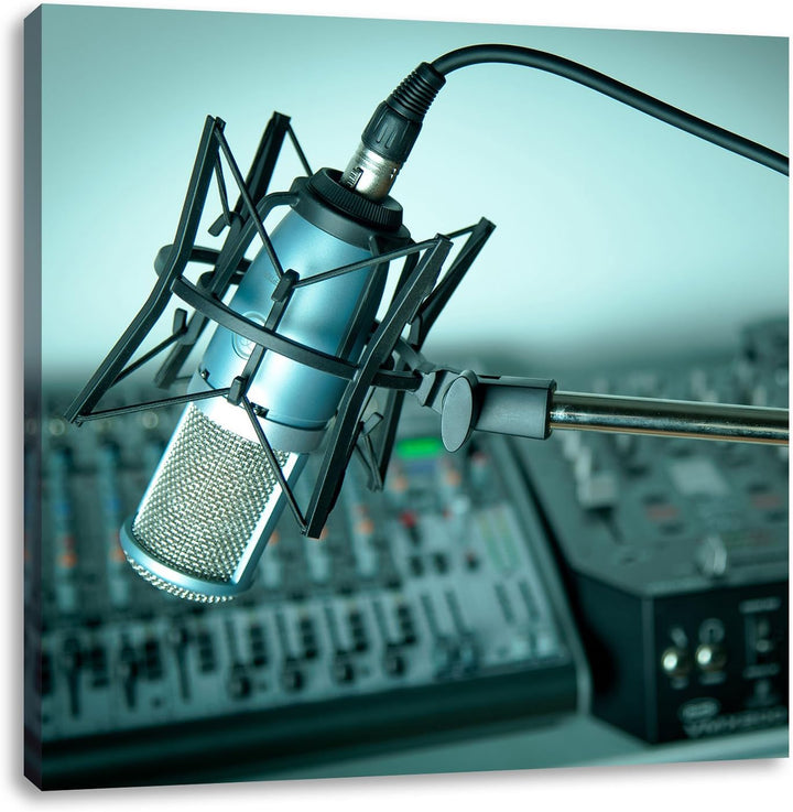 Mikrofon mit Musikanlagen, Format: 70x70 auf Leinwand, XXL riesige Bilder fertig gerahmt mit Keilrah