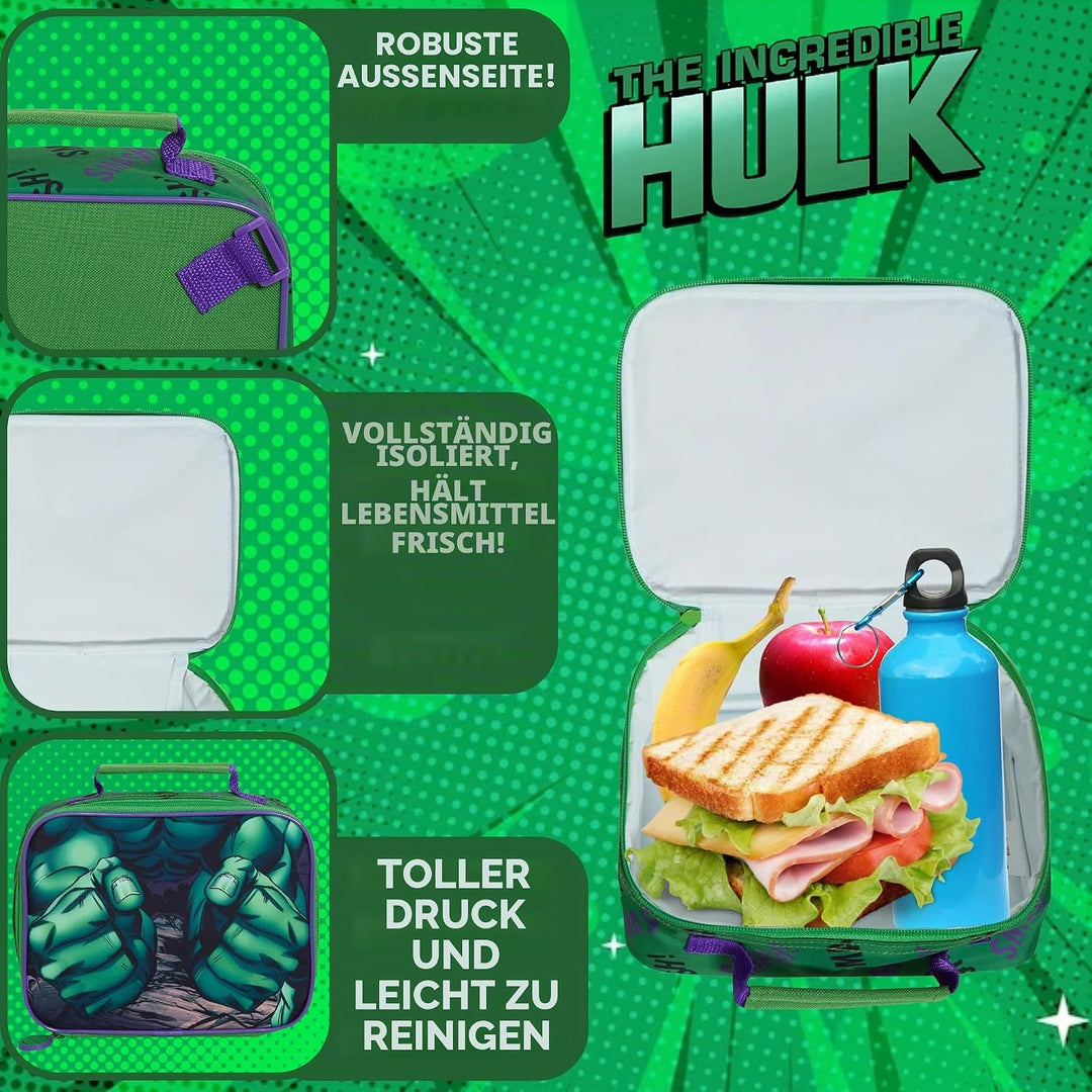 The Hulk Rucksack mit Lunchtasche für Kinder, Marvel Schultasche, 2-teilig, passendes isoliertes Lun