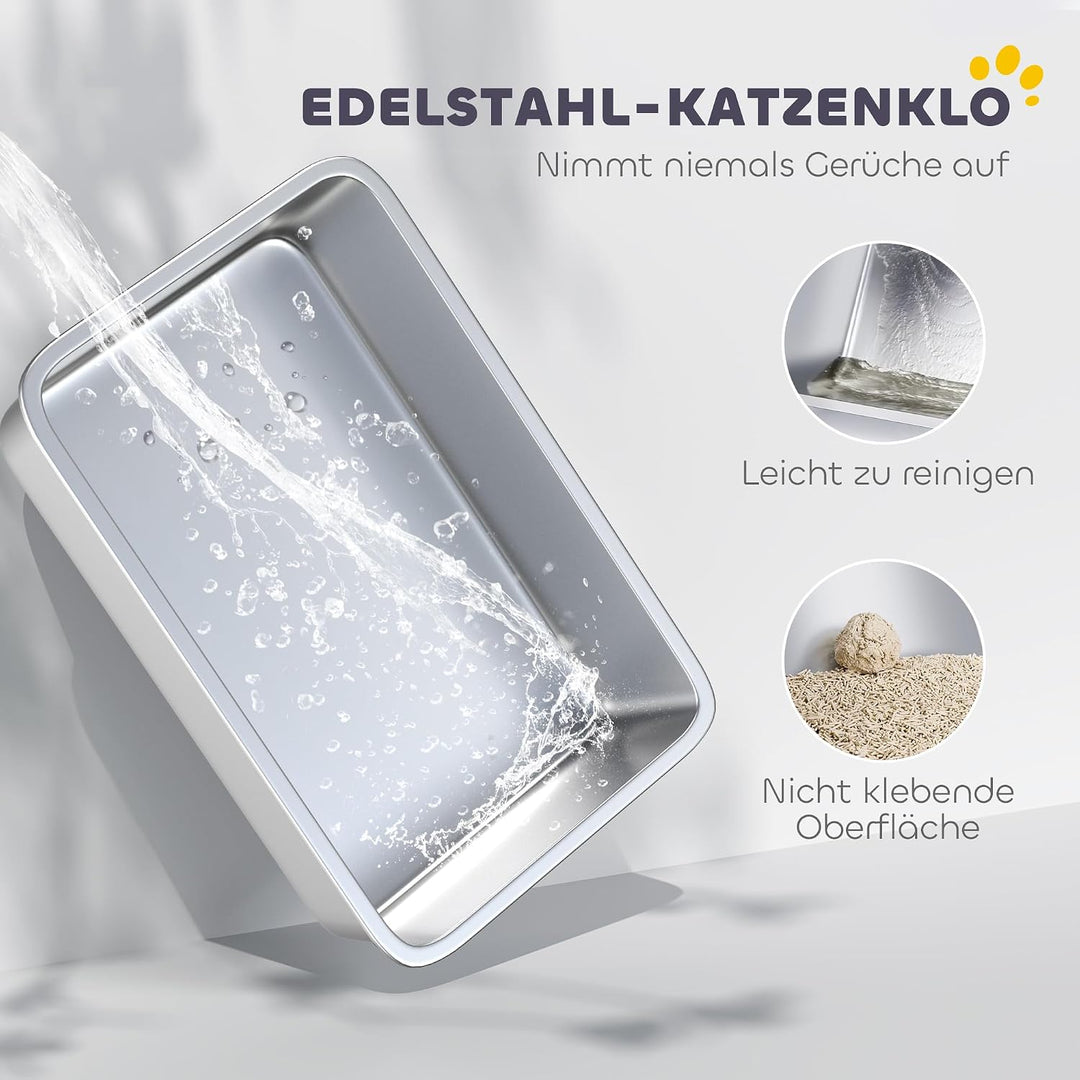 PawHut Katzentoilette Edelstahl XXL für Katzen 60,2 x 40,2 x 29,7 cm Grau | Edelstahl, Offene Katzen