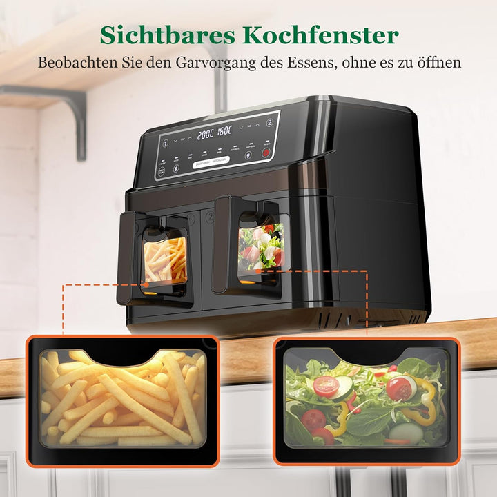 Heissluftfritteuse 2 Kammern | 10L Airfryer mit Sichtfenster Zweizonen Temperatur Separat Regeln, 8-