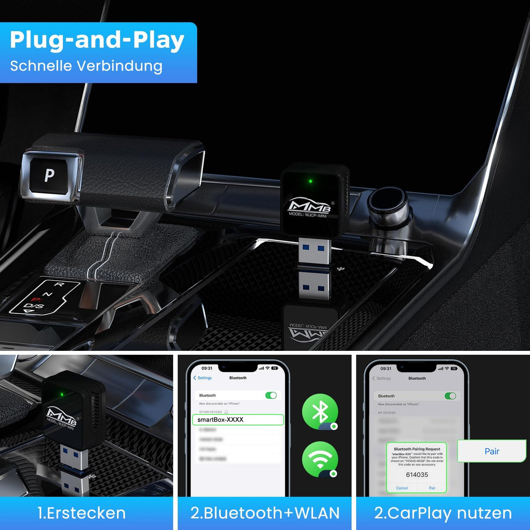 MMB WJCP-MINI CarPlay Wireless Adapter,2024 Upgrade Wireless Car Play Adapter-Dongle, Wandelt Werkse