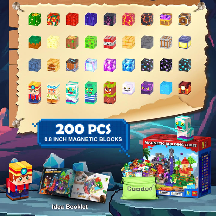 Coodoo Magnetische Bausteine - Baue Mine Magnet Welt, 200 Teile Magnetspielzeug Outdoor Sensorische