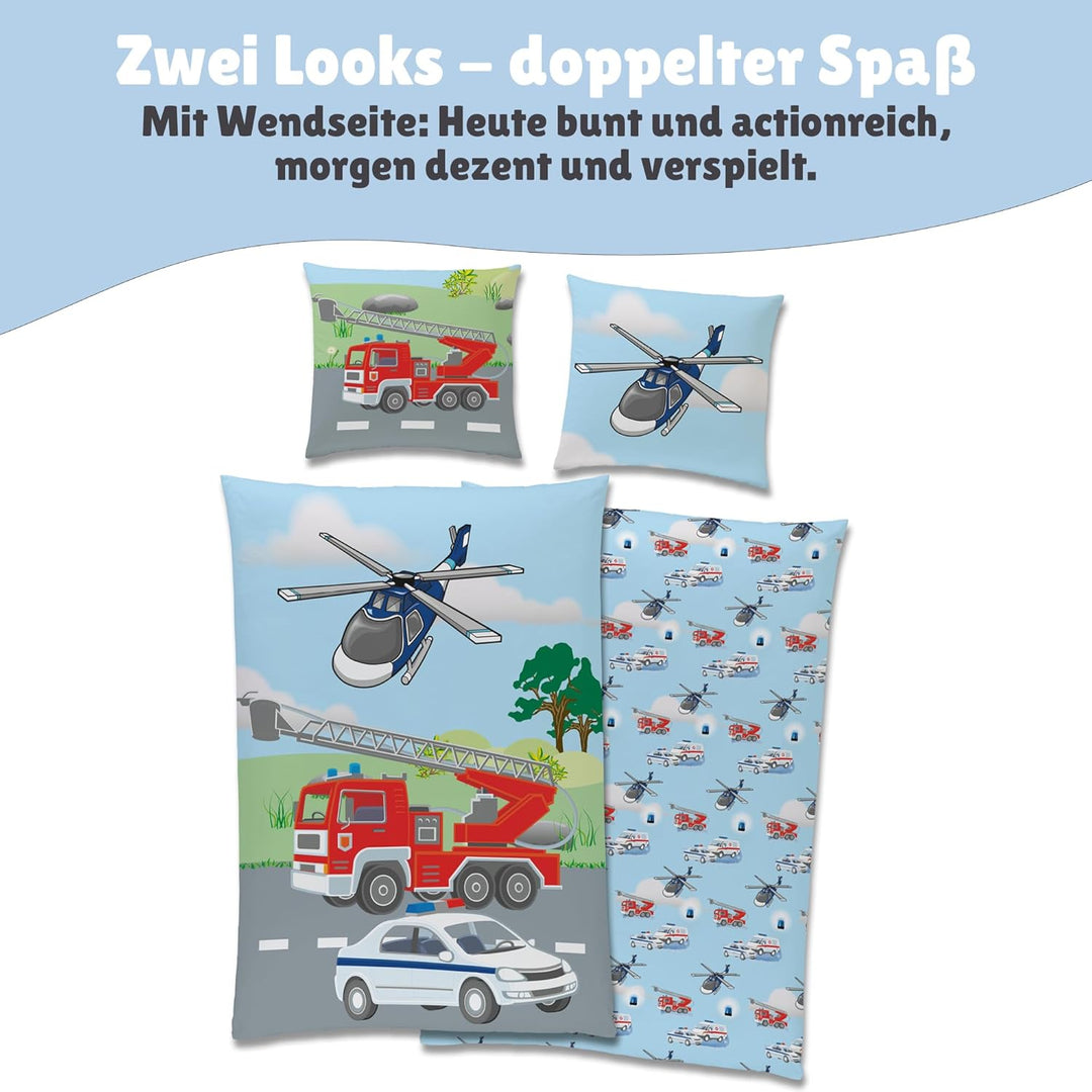 TexIdea Polizei Feuerwehr Bettwäsche Set · Wende-Motiv · Bett-bezug 135x200 cm · Kopfkissen-bezug 80