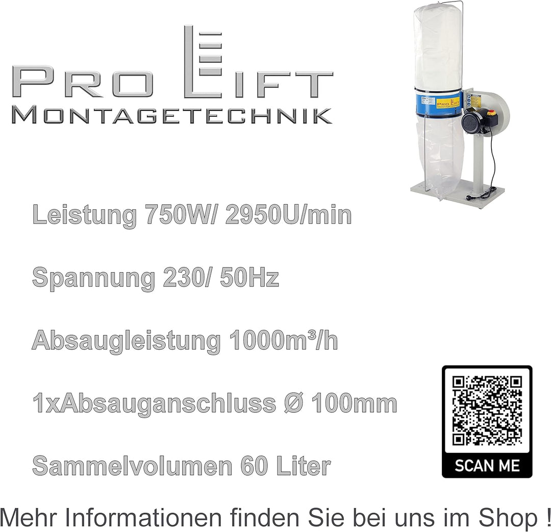 Pro-Lift-Montagetechnik Absauganlage Späneabsaugung 230V 750W Absaugung 1000m³/h Sauganlage