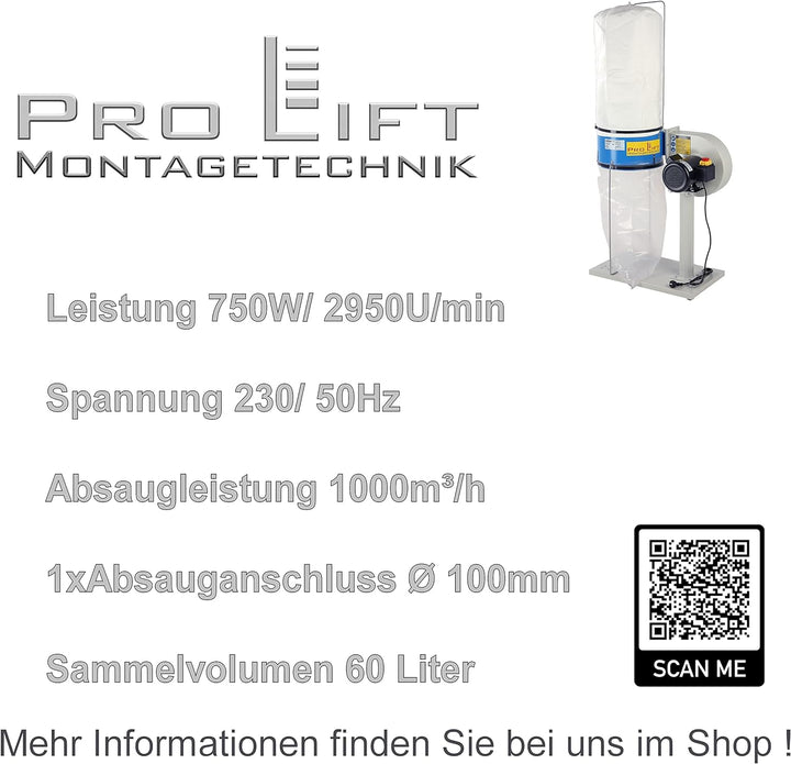 Pro-Lift-Montagetechnik Absauganlage Späneabsaugung 230V 750W Absaugung 1000m³/h Sauganlage
