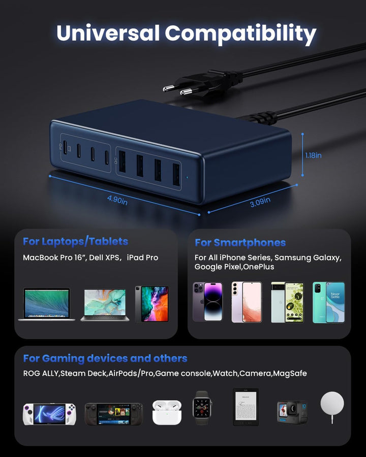 200W USB C Ladegerät Mehrfach, 8-in-1 GaN III USB C Netzteil Schnellladegerät mit QC4.0 USB-A, PPS P