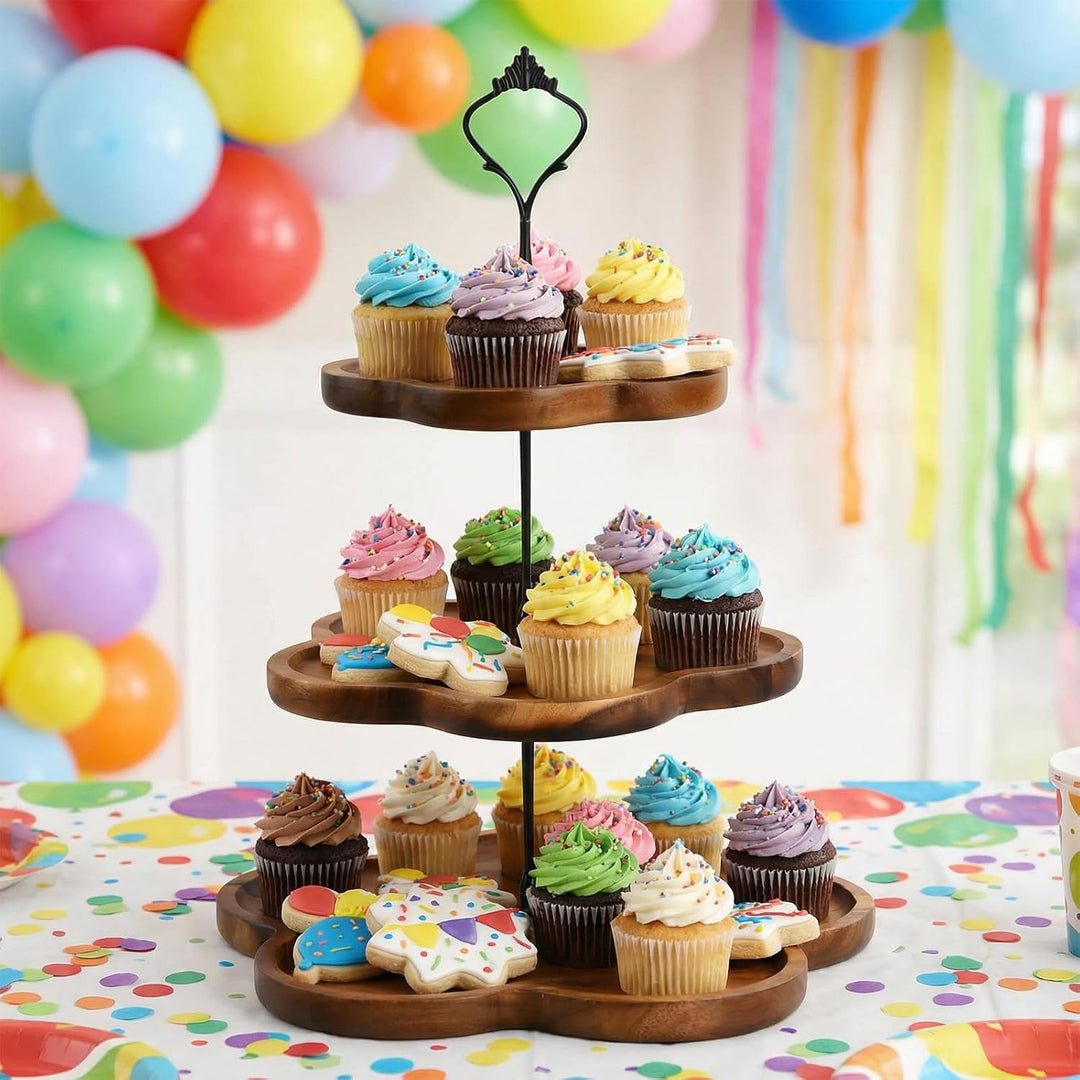 Etagere 3 Etagen Holz, Tortenständer 3 Stöckig, Cupcake Ständer mit Metallgriff, Kuchenständer, Serv
