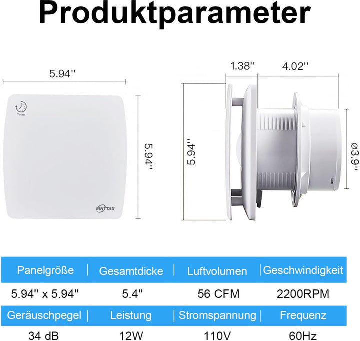 Badlüfter Fan 100mm Durchmesser,Badlüfter mit Nachlauf Wandmontage Lüftung Badezimmer Ventilator,IPX